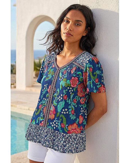 Roman Blue Roman Floral Print Trim Detail Top