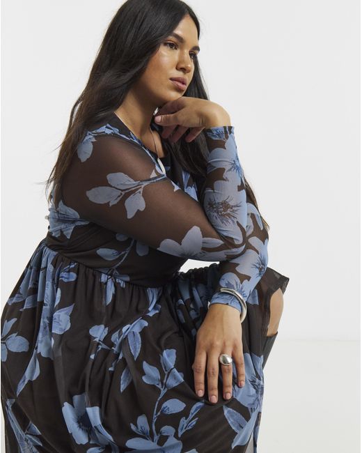 Simply Be Blue Floral Printed Mesh Midi Dress