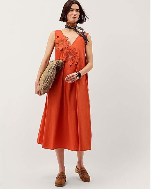 Monsoon Red Rosalie Floral Cotton Midi Dress