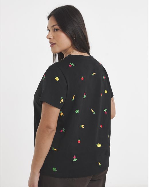 Simply Be Black Ditsy Vegetables Embroidered Tee