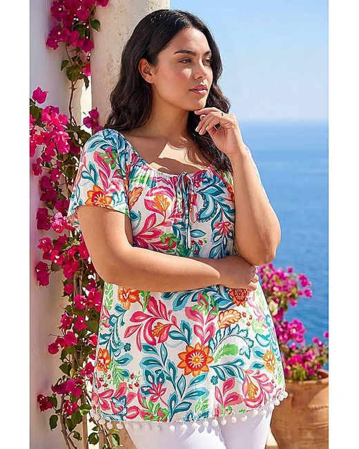 Roman Curve Blue Floral Pom Pom Bardot Top