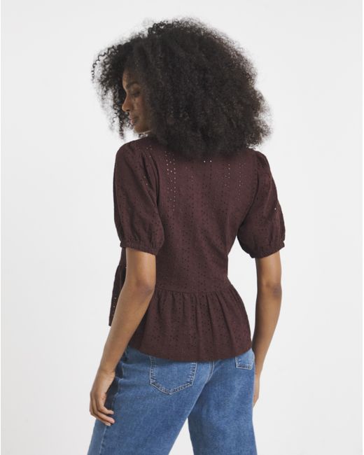 Simply Be Brown Stretch Broderie Square Neck Peplum