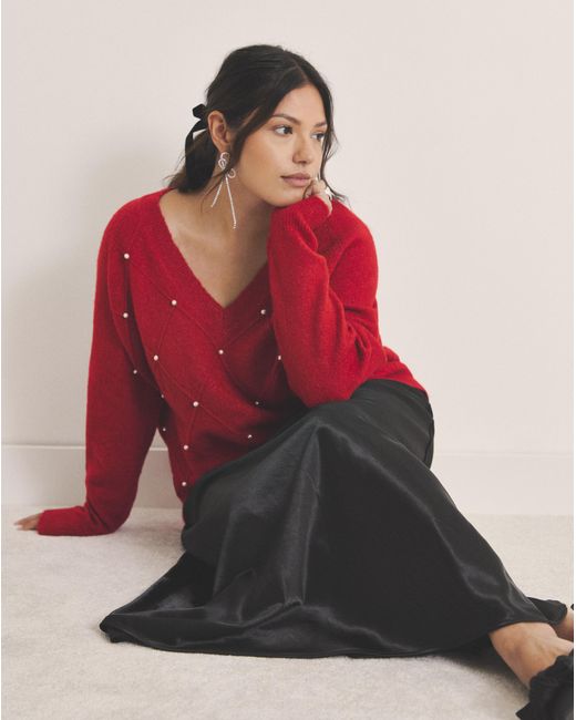Simply Be Red V-Neck Pearl Cable Knit Jumper