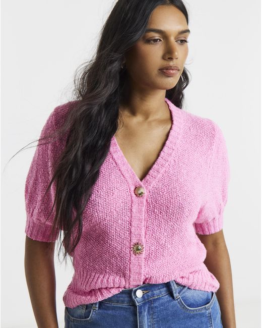 Simply Be Pink Puff Sleeve Button Cardigan