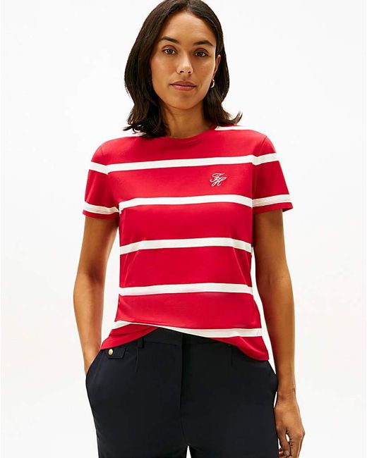Tommy Hilfiger Red Logo Embroidery Jersey Crew Neck T-Shirt