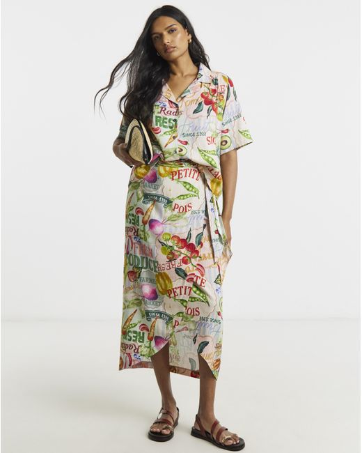 Simply Be White Post Card Print Linen Skirt