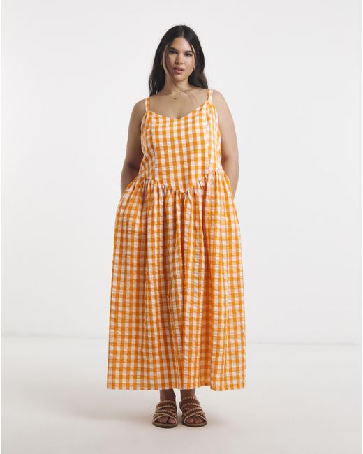 Simply Be Orange Gingham Waist Detail Midi Dress