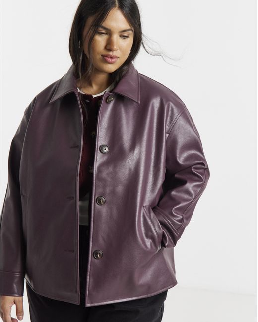Simply Be Purple Faux Leather Button Shacket