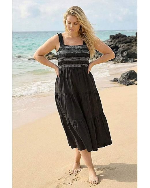 Roman Curve Black Strappy Shirred Midi Dress