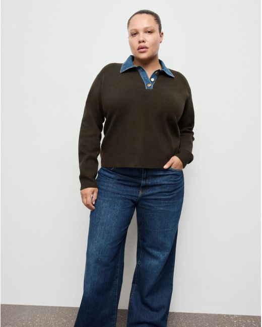 Mango Brown Sweater With Denim Collar
