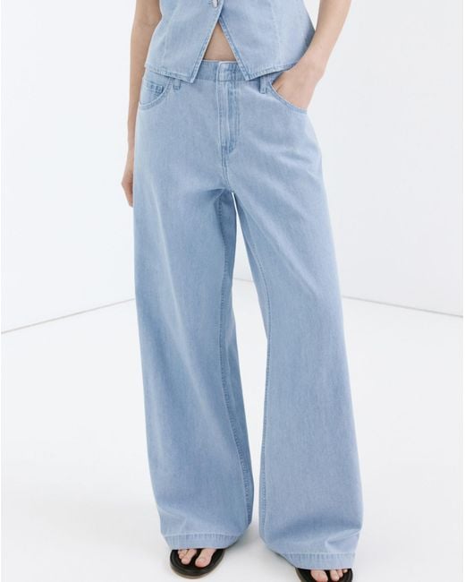 Mango Blue Wide Leg Mid-Rise Jeans