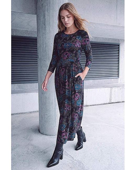 Roman Blue Roman Floral Stretch Waist Midi Dress