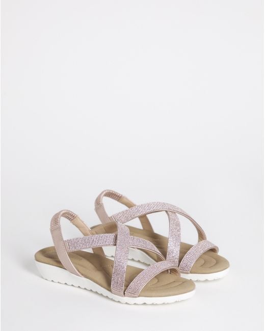 Heavenly Soles Natural Low Wedge Diamante Sandal Ex Wide