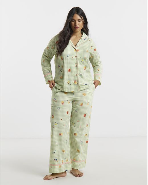 Simply Be Metallic Gingham Breakfast Print Pyjama Set