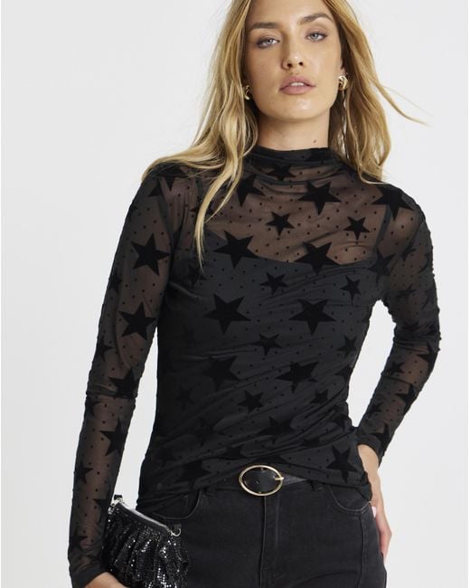 Simply Be Black Velour Star Print Mesh Top