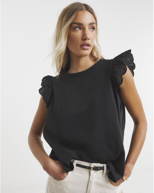 Simply Be Black Broderie Frill Sleeve Top With Tie