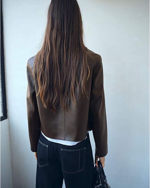 Mango Blue Faux Leather Collared Jacket
