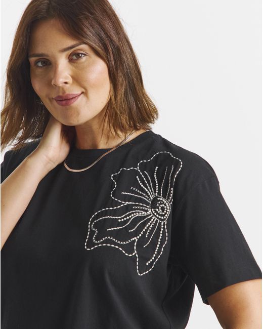 Simply Be Black Embroidered And Beaded Floral T-Shirt