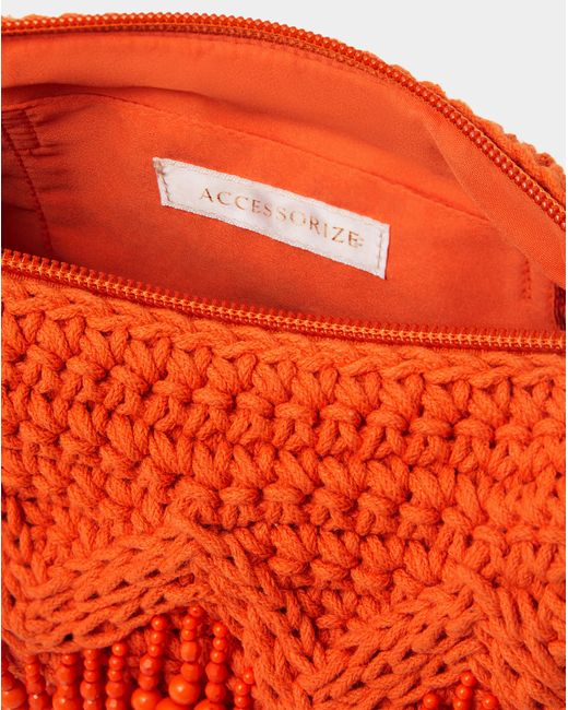 Accessorize Red Beaded Macrame Crossbody Bag