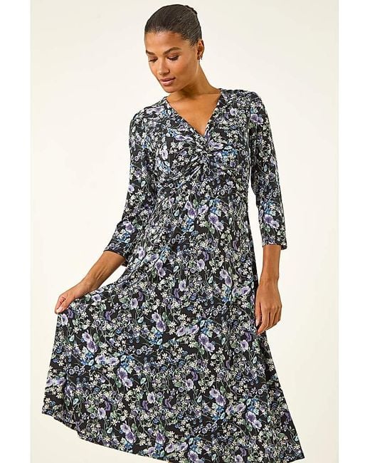 Roman Purple Roman Floral Twisted Front Midi Dress