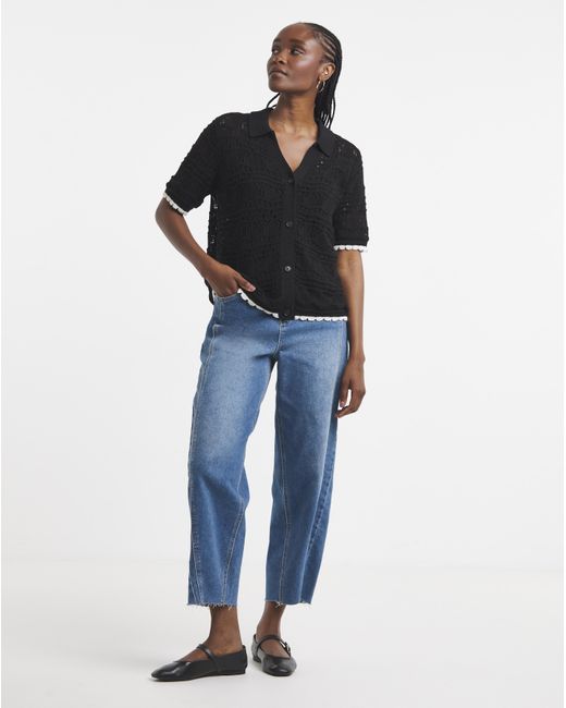 Simply Be Black Pointelle Collared Knit Top