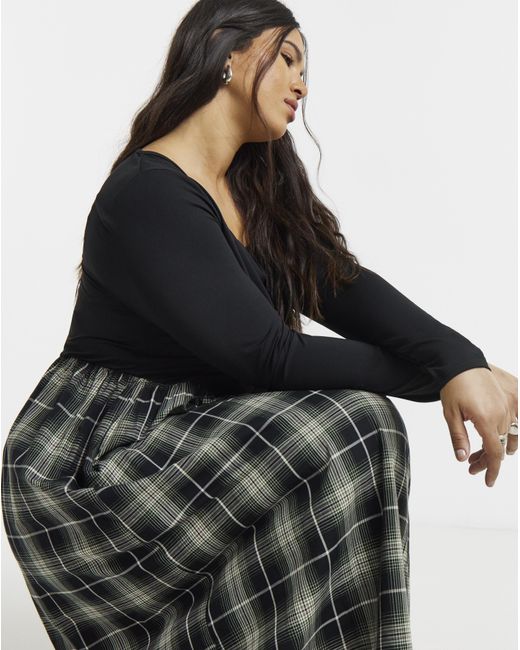 Simply Be Black Jersey Woven Mix Check Midi Dress