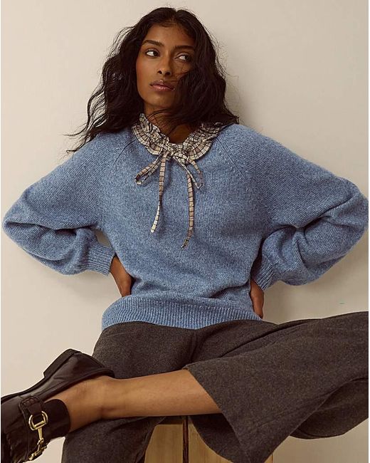 Monsoon Blue Corie Check Ruffle Collar Jumper