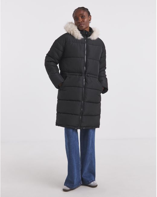 Simply Be Blue Fur Trim Longline Padded Coat