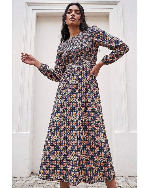 Roman Purple Roman Geometric Print Shirred Midi Dress