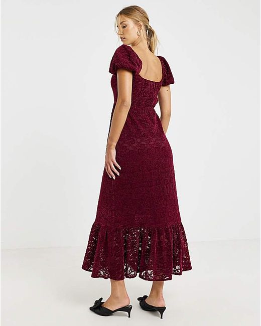 Lovedrobe Red Puff Sleeve Devore Midaxi