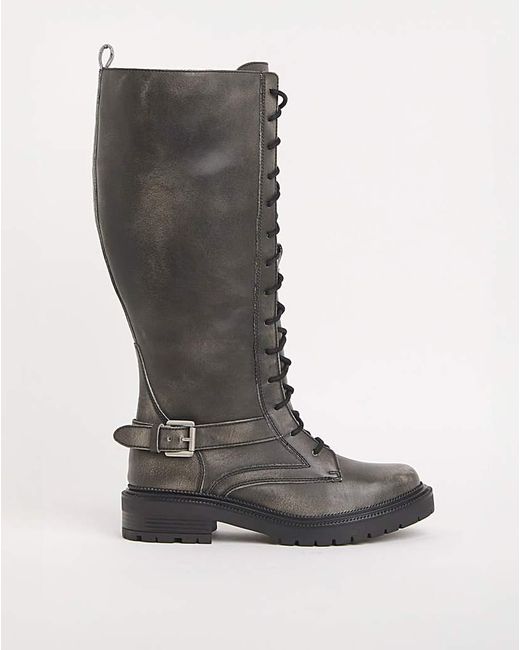 Simply Be Gray Knee High Lace Up Utility Boots Ex Wide