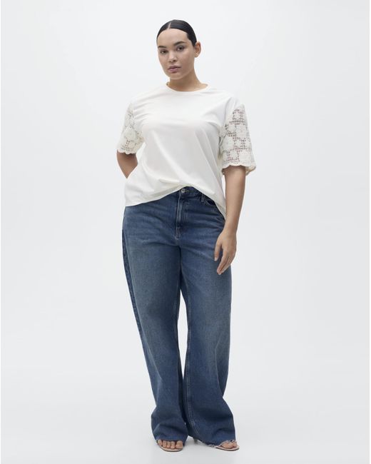 Mango White Crochet Sleeve Cotton T-Shirt