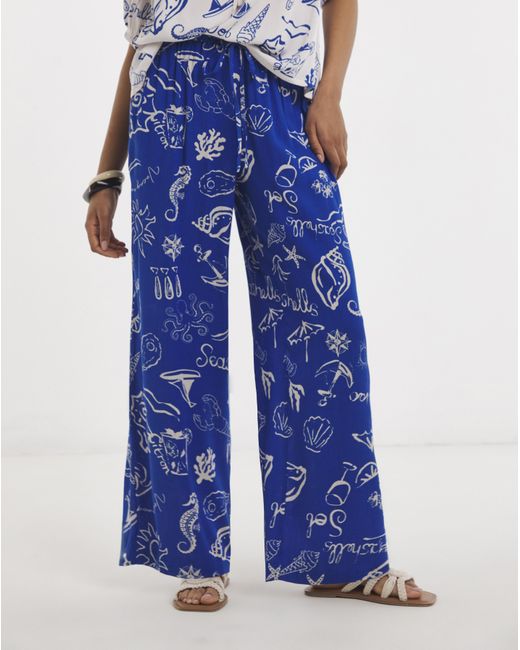 Simply Be Blue Shell Print Wide Leg Crinkle Trouser