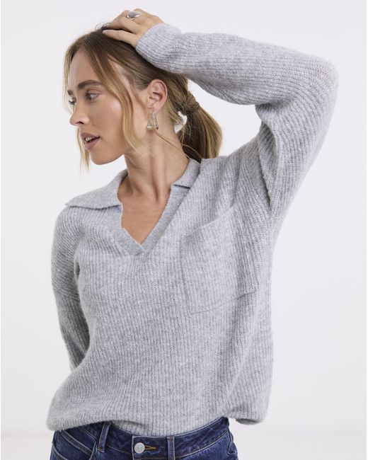 Simply Be Gray V-Neck Collared Jumper