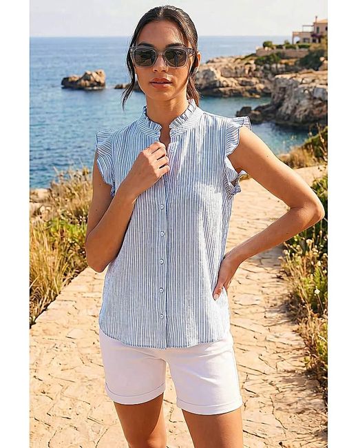 Roman Blue Roman Stripe Print Frill Sleeve Blouse