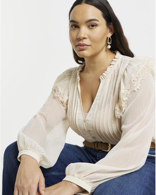Simply Be Natural Lace Trim Chiffon Tuxedo Detail Blouse