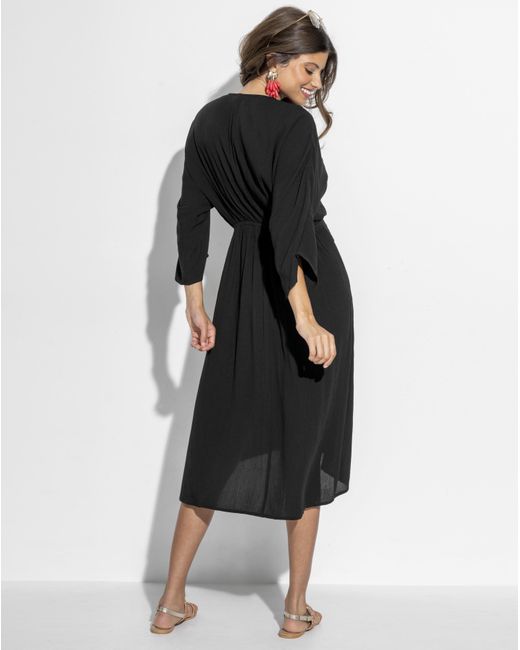 Pour Moi Black Crinkle O Ring Midi Beach Kaftan