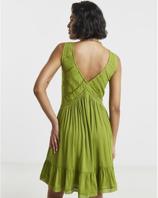 Simply Be Green Crinkle Smock Dress With Ladder Trim