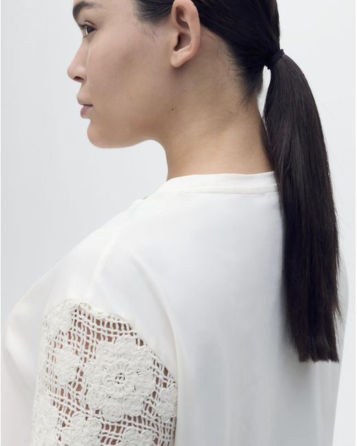 Mango White Crochet Sleeve Cotton T-Shirt