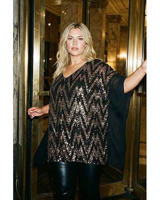 Roman Curve Black Zig Zag Sequin Overlay Top