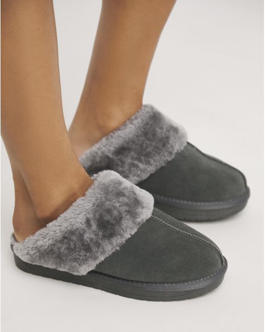 Simply Be Gray Faux Fur Lined Suede Mule Slipper Exwide