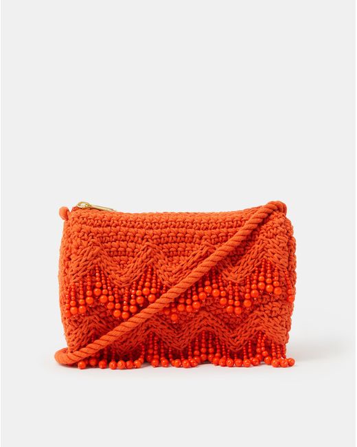 Accessorize Red Beaded Macrame Crossbody Bag