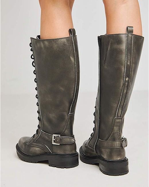 Simply Be Gray Knee High Lace Up Utility Boots Ex Wide