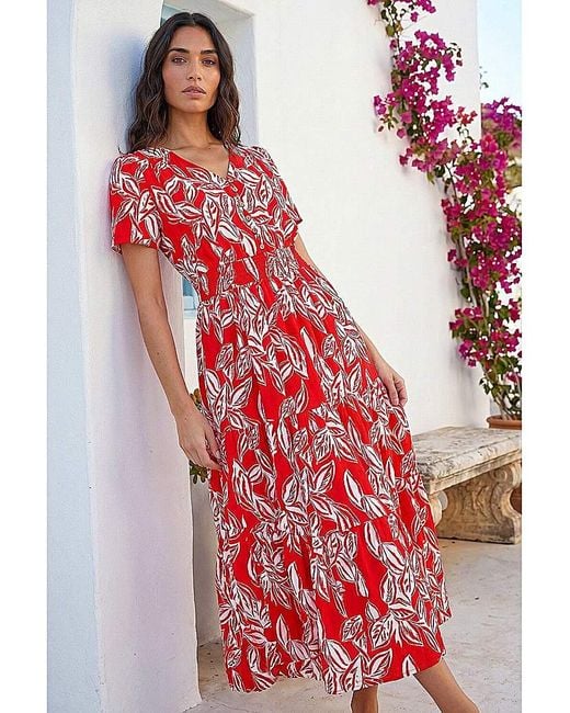 Roman Roman Leaf Print Shirred Maxi Dress