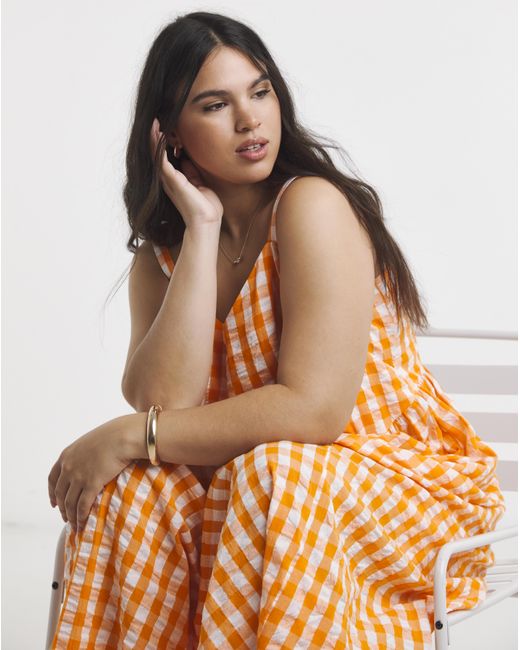 Simply Be Orange Gingham Waist Detail Midi Dress