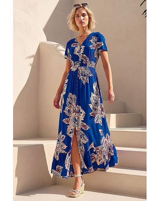 Roman Blue Roman Leaf Print Shirred Maxi Dress