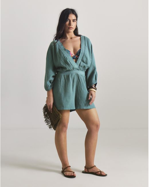 Beach To Beach Green Long Sleeve Plunge Playsuit