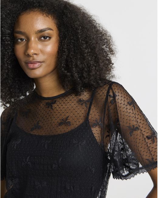Simply Be Black Bow Print Lace Top