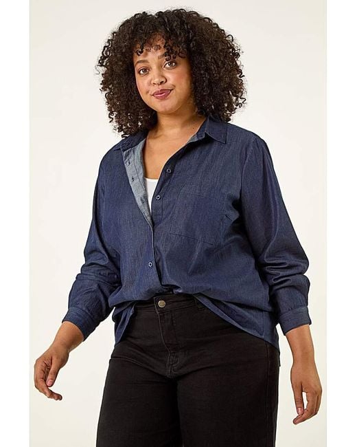 Roman Curve Blue Cotton Button Up Blouse