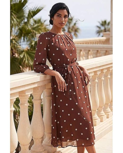 Roman Brown Roman Polka Chiffon Pleated Midi Dress